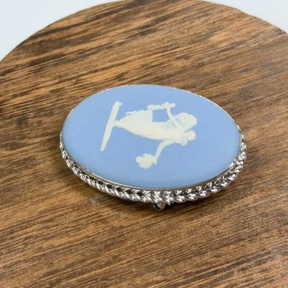 Vtg Van Dell Sterling Silver Brooch Pendant Wedgwood Blue Jasperware Cameo Pin - Picture 5 of 13